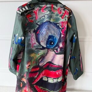 Hand-Painted Graphic Trench Coat — Olive with Bright Artwork